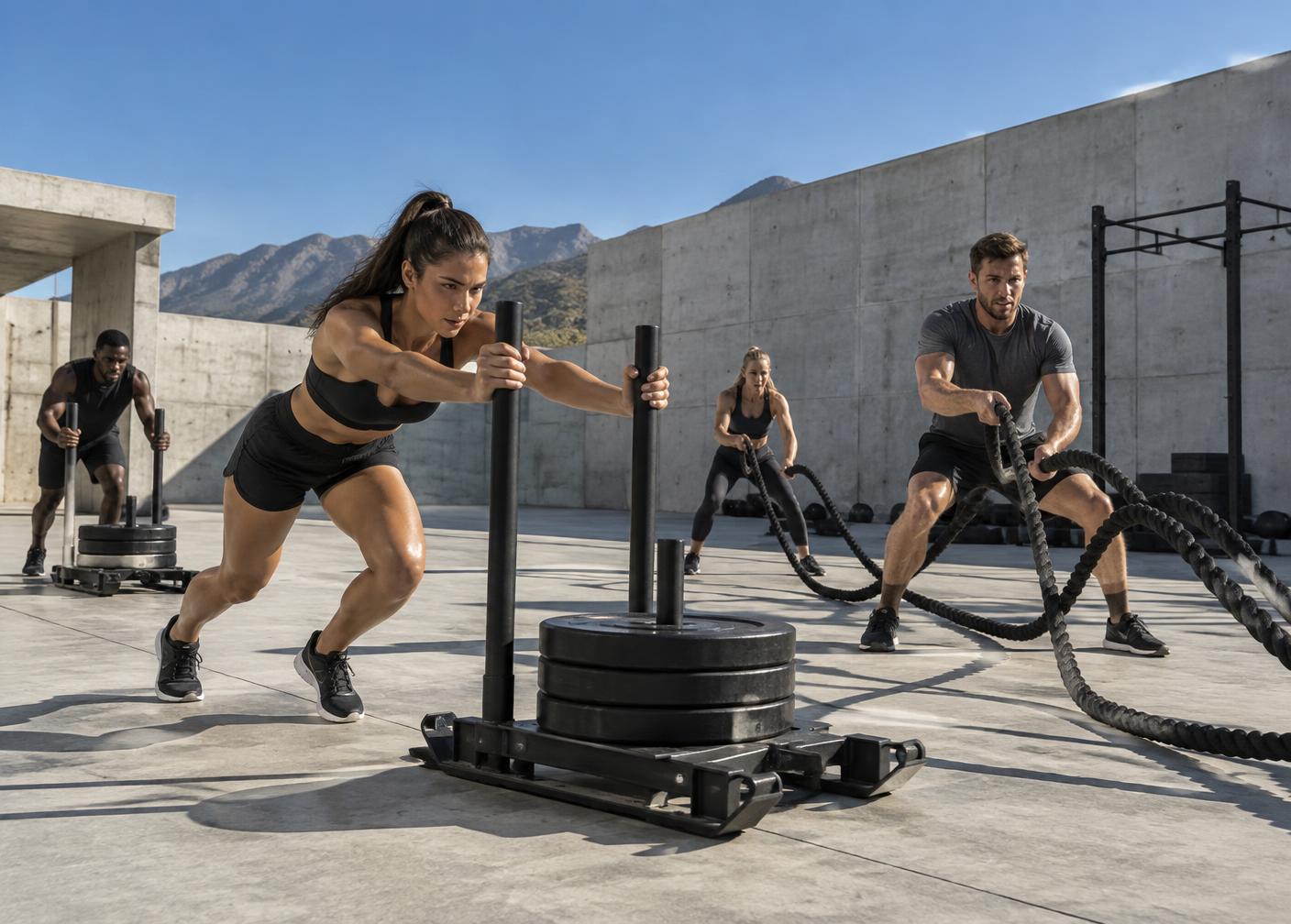 Athletes training power outdoors